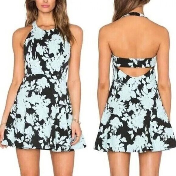 PARKER Leona Dress Aqua Blue Black Jacquard Textured Floral Halter Cutout Back S - Picture 1 of 12